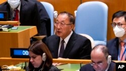 Zhang Jun, China's ambassador to the United Nations, speaks during a meeting of the General Assembly, April 7, 2022, at U.N. headquarters.