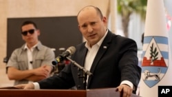 Israeli Prime Minister Naftali Bennett speaks at a press conference at an Israeli Defense Force base in Beit El in the West Bank, April 5, 2022. 