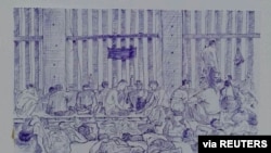 MYANMAR-POLITICS/PRISON -A smuggled sketch shows people inside of Myanmar's Insein prison with a written date April 17, 2021, in this undated picture obtained by REUTERS