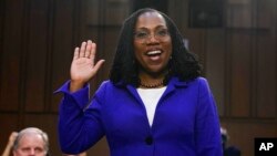 Supreme Court nominee Judge Ketanji Brown Jackson is sworn in for her confirmation hearing before the Senate Judiciary Committee on March 21, 2022, on Capitol Hill in Washington. 