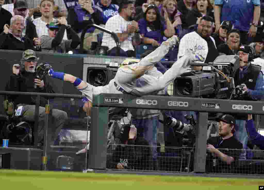 Los Angeles Dodgers third baseman Justin Turner tumbles over the railing to the third-base photo well to haul in a foul pop off the bat of Colorado Rockies&#39; Charlie Blackmon in the fifth inning of a baseball game, April 9, 2022, in Denver.