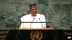 Le vice-président du Nigeria, Kashim Shettima, s'adresse à la 79e session de l'Assemblée générale des Nations unies, le 24 septembre 2024. 