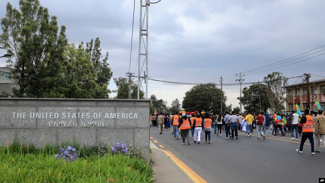 Ethiopians protest against the United States outside the U.S. embassy in the capital Addis Ababa, Ethiopia, Nov. 25, 2021. 