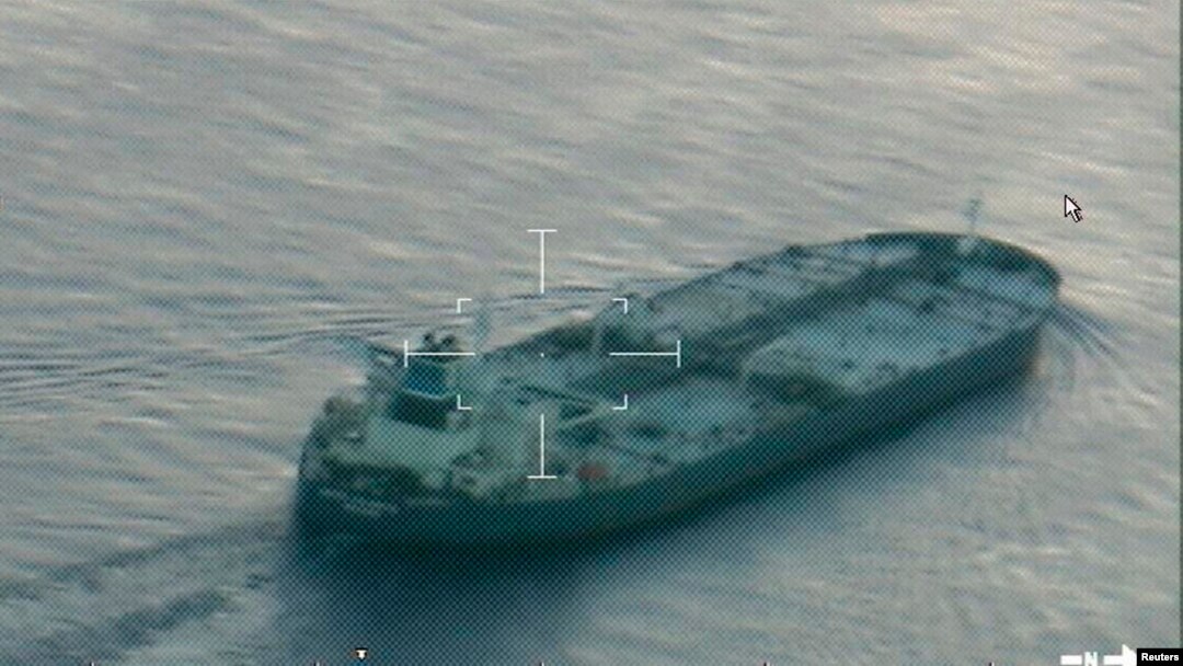 A still image from video taken by a U.S. Coast Guard HC-144 Ocean Sentry aircraft shows the oil tanker Union Kalavryta, which is carrying a cargo of Kurdish crude oil, approaching Galveston, Texas, July 25, 2014.