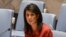 FILE - U.S. Ambassador to the United Nations Nikki Haley speaks at a Security Council meeting at U.N. headquarters in New York, April 7, 2017. 