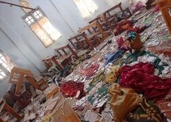 A damaged church in which four people taking refuge were killed in an army shelling in Loikaw in Myanmar's eastern Kayah State, May 24, 2021, as clashes continue in the area between the army and the local rebel fighters. (Credit: Kantarawaddy Times)
