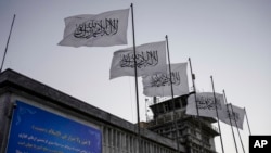 FILE - Taliban flags flutter at the airport in Kabul, Afghanistan, Sept. 9, 2021. 