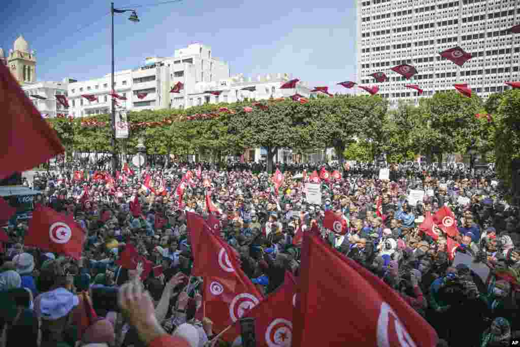 Demonstrators gather during a protest against Tunisian President Kais Saied in Tunis.