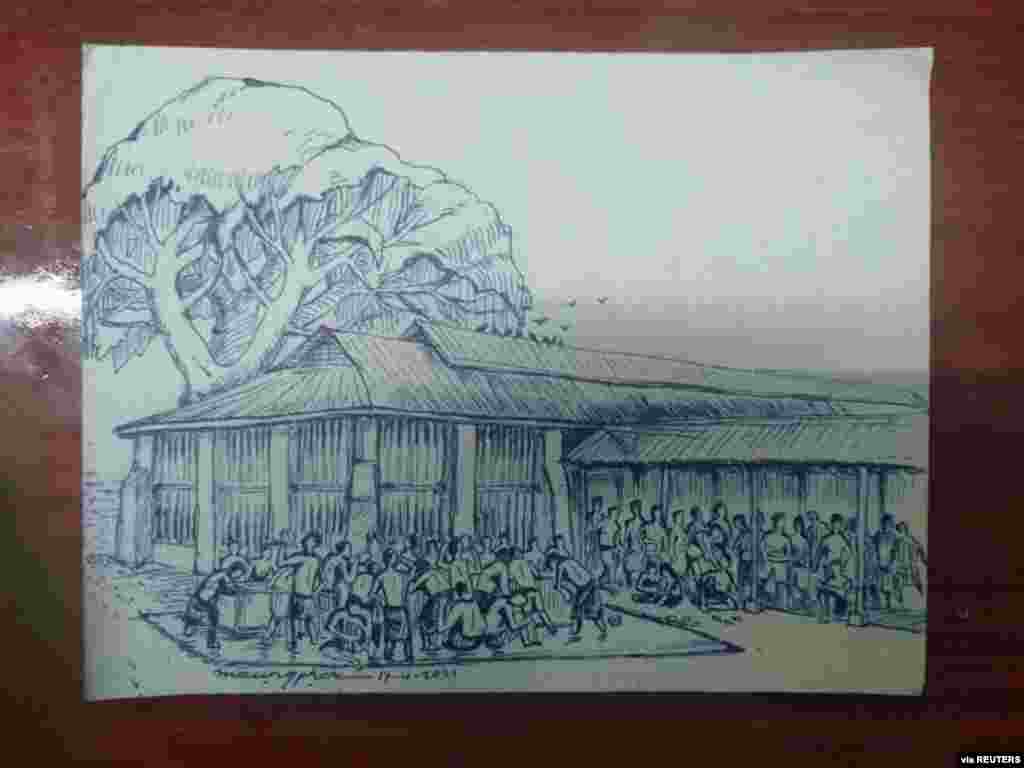 MYANMAR-POLITICS/PRISON -A smuggled sketch shows people inside of Myanmar&#39;s Insein prison with a written date April 17, 2021, in this undated picture obtained by REUTERS