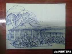 MYANMAR-POLITICS/PRISON -A smuggled sketch shows people inside of Myanmar's Insein prison with a written date April 17, 2021, in this undated picture obtained by REUTERS