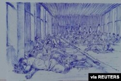 A smuggled sketch shows people inside of Myanmar's Insein prison with a written date July 13, 2021, in this undated picture obtained by REUTERS