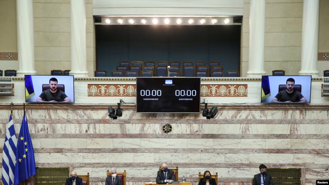 Tổng thống Ukraine Volodymyr Zelenskiy kêu gọi phương Tây “đưa Nga ra trước công lý” trong một bài phát biểu trước các nhà lập pháp Hy Lạp hôm 7/4/2022.