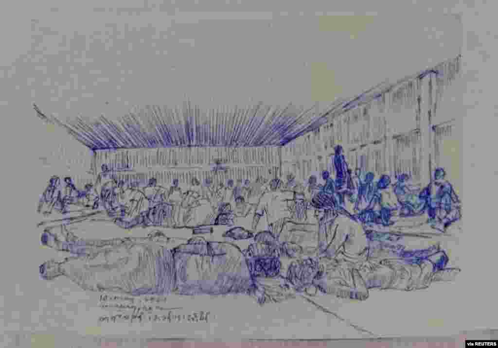 MYANMAR-POLITICS/PRISON -A smuggled sketch shows people inside of Myanmar&#39;s Insein prison with a written date April 17, 2021, in this undated picture obtained by REUTERS