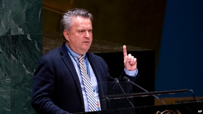 Sergiy Kyslytsya, Ukraine's envoy to the United Nations, speaks during a meeting of the U.N. General Assembly, April 7, 2022, at U.N. headquarters.