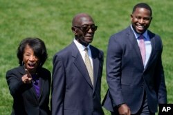 Judge Ketanji Brown Jackson's mother Ellery Brown, left, father Johnny Brown, center, and brother Ketajh Brown arrive at the White House where they celebrated the confirmation of Judge Jackson as the first Black woman to reach the Supreme court, April 08, 2022.