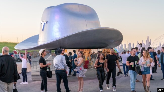 A giant cowboy hat is on display outside the Tesla Giga Texas manufacturing facility during the "Cyber Rodeo" grand opening party on April 7, 2022 in Austin, Texas.
