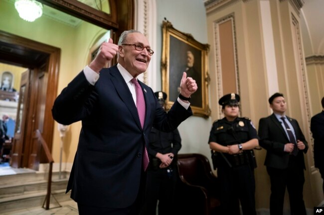 Senate Majority Leader Chuck Schumer, D-N.Y., emerges from the chamber to cheer the vote confirming Supreme Court nominee Ketanji Brown Jackson, at the Capitol in Washington, April 7. (AP Photo/J. Scott Applewhite)