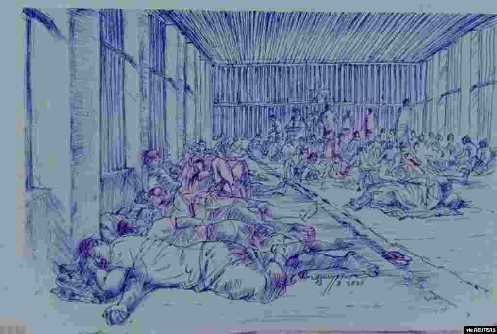 MYANMAR-POLITICS/PRISON -A smuggled sketch shows people inside of Myanmar&#39;s Insein prison with a written date April 17, 2021, in this undated picture obtained by REUTERS