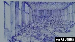 MYANMAR-POLITICS/PRISON -A smuggled sketch shows people inside of Myanmar's Insein prison with a written date April 17, 2021, in this undated picture obtained by REUTERS