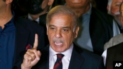 Pakistan's opposition leader Shehbaz Sharif speaks during a press conference in Islamabad, April 7, 2022. 