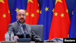 FILE - European Council President Charles Michel attends a virtual EU-China summit, at the European Council building in Brussels, Belgium, April 1, 2022. 