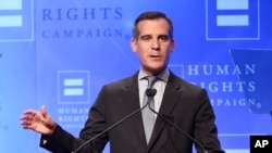 Eric Garcetti, le maire démocrate de Los Angeles lors d'un discours, le 19 mars 2016