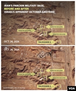 Iran's Parchin base is pictured before and after an apparent airstrike in late October. (Planet Labs via Reuters/VOA)