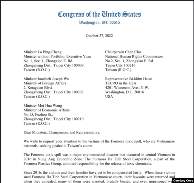 Bức thư chung của các dân biểu Mỹ gửi đi ngày 27/10/2022. Photo: Justice For Formosa’s Victims Association.