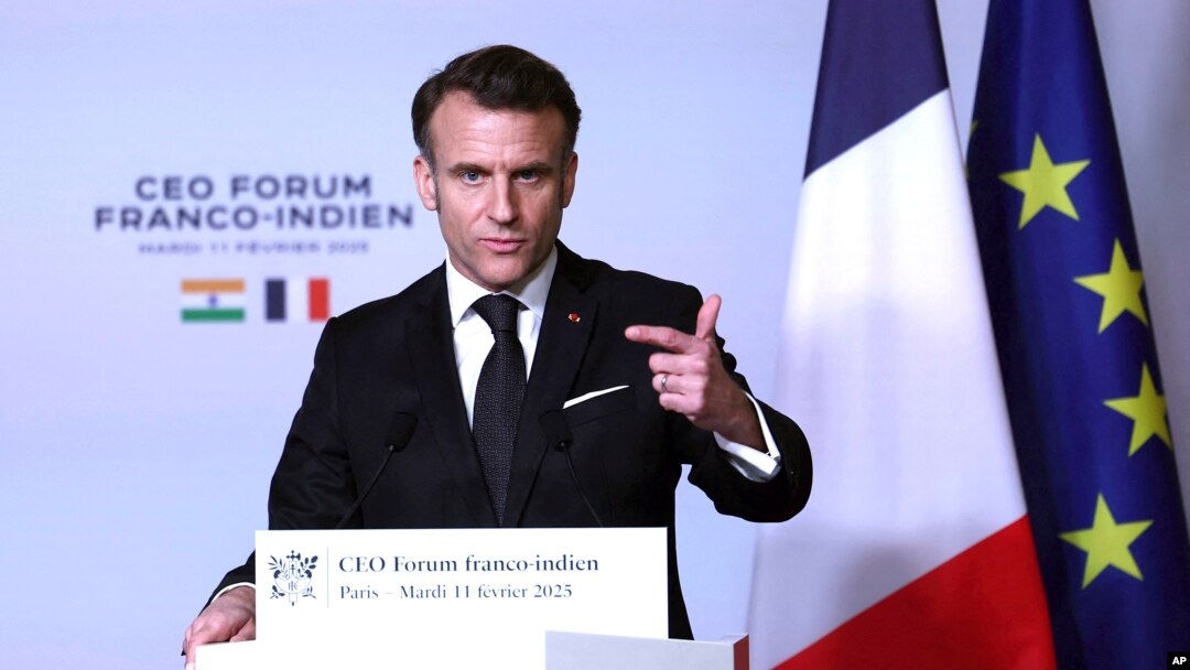 French President Emmanuel Macron addresses a forum on the sidelines of the Artificial Intelligence Action Summit in Paris, Feb. 11, 2025.