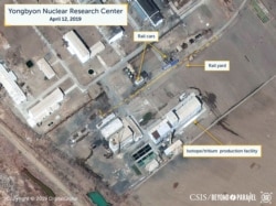 FILE - A view of what researchers of Beyond Parallel, a CSIS project, describe as specialized rail cars at the Yongbyon Nuclear Research Center in North Pyongan Province, North Korea, in this commercial satellite image taken April 12, 2019.