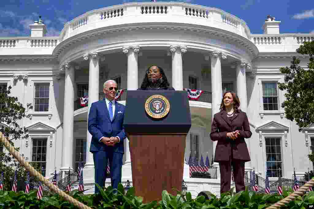 Judge Ketanji Brown Jackson with President Joe Biden and Vice President Kamala Harris, speaks on the South Lawn of the White House, celebrating her confirmation as the first Black woman to be appointed to the Supreme Court. (AP Photo/Andrew Harnik)