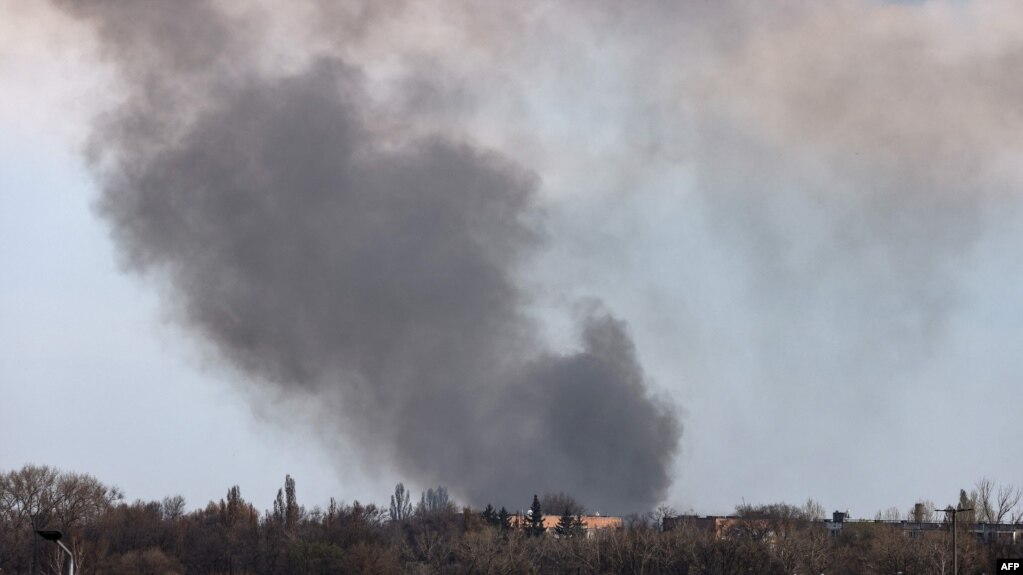 Smoke raises from the airport of Dnipro, on Apr. 10, 2022, amid Russian invasion of Ukraine.