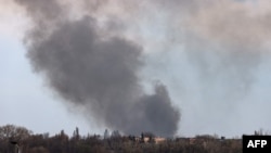 Smoke raises from the airport of Dnipro, on Apr. 10, 2022, amid Russian invasion of Ukraine.