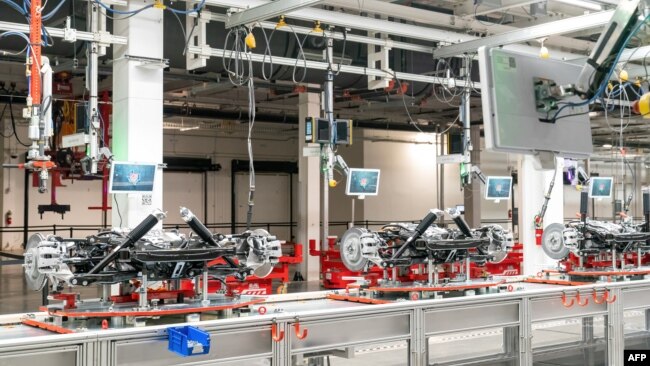 View of the inside of the Tesla Giga Texas manufacturing facility during a tour ahead of the company's grand opening party on April 7, 2022 in Austin, Texas.