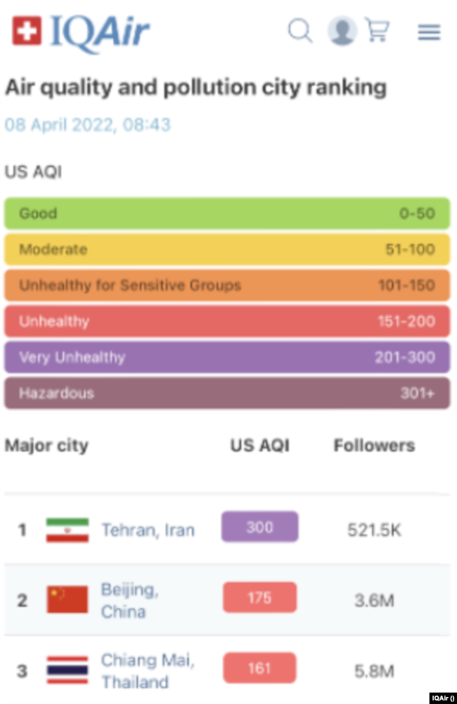 برآورد میزان آلودگی هوای تهران در سایت «آی‌کیو ایر» - ۱۹ فروردین ۱۴۰۱