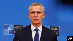 FILE - NATO Secretary-General Jens Stoltenberg speaks after a meeting of NATO foreign ministers in Brussels, April 7, 2022.