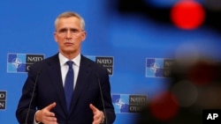 NATO Secretary-General Jens Stoltenberg speaks during a media conference after a meeting of NATO foreign ministers at NATO headquarters in Brussels, April 7, 2022.