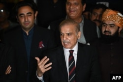 Pakistan's opposition leader Shehbaz Sharif speaks during a press conference with other party leaders in Islamabad, April 7, 2022, after a Supreme Court verdict.