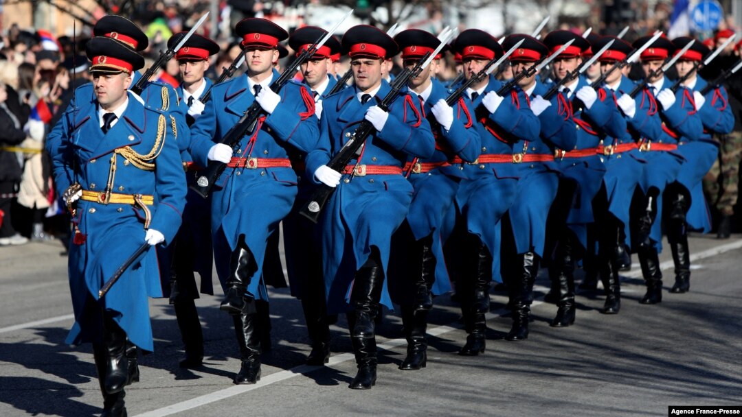 FILE - Members of a Bosnian Serb honor guard unit march in the northern Bosnian city of Banja Luka, Jan. 9, 2020, during a ceremony marking the 28th anniversary of the founding of Republika Srpska, a Bosnian Serb entity within Bosnia and Herzegovina.