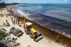 FILE - Brazilian soldiers and residents work to remove an oil spill on Itapuama Beach in Cabo de Santo Agostinho, Pernambuco state, Brazil, Oct. 22, 2019.