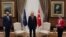 Turkish President Erdogan meets with European Council President Michel and European Commission President von der Leyen in Ankara as TV images showed two chairs had been laid out in front of EU and the Turkish flags for the three leaders, April 7, 2021. 