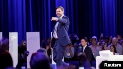 U.S. Vice President JD Vance gestures on the day he addresses the Conservative Political Action Conference (CPAC) in National Harbor, Maryland, Feb. 20, 2025.