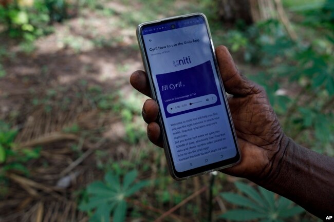 Cyril Fianyo, a farmer and beneficiary under the Uniti Networks project, shows a message he received on his phone at his farm in Atabu, Hohoe, in Ghana's Volta region, Wednesday, April 18, 2024. (AP Photo/Misper Apawu)