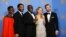 Lupita Nyong'o, Chiwetel Ejiofor, Steve McQueen, Sarah Paulson, and Michael Fassbender pose with the award for best motion picture - drama for '12 Years a Slave' at the Golden Globe Awards, Jan. 12, 2013.