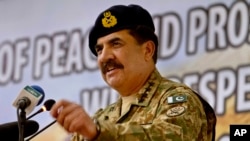 FILE - In this Tuesday, April 12, 2016 file photo, Pakistan's Army Chief General Raheel Sharif addresses a seminar in Gwadar, Pakistan. Pakistan's powerful army chief lashed out at India Thursday, Oct. 6, 2016 warning that any act of aggression from New Delhi would not go unpunished as tensions spiked between the two countries over the divided region of Kashmir. 