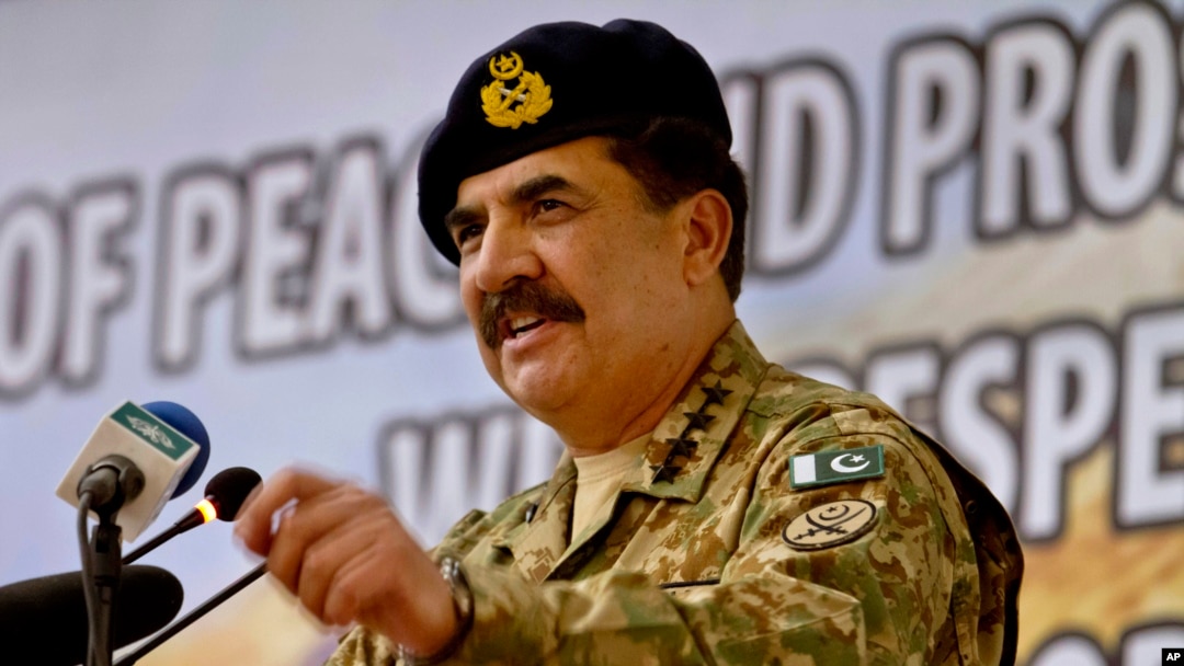 FILE - In this Tuesday, April 12, 2016 file photo, Pakistan's Army Chief General Raheel Sharif addresses a seminar in Gwadar, Pakistan. Pakistan's powerful army chief lashed out at India Thursday, Oct. 6, 2016 warning that any act of aggression from New Delhi would not go unpunished as tensions spiked between the two countries over the divided region of Kashmir. 