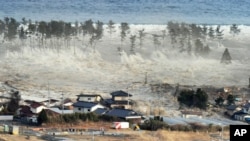 A massive tsunami sweeps in to engulf a residential area after a powerful earthquake in Natori, Miyagi Prefecture in northeastern Japan March 11, 2011.
