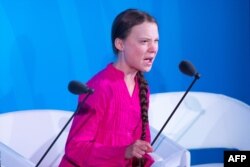 FILE - Climate activist Greta Thunberg speaks during the U.N. Climate Action Summit at the United Nations Headquarters in New York City, Sept. 23, 2019.