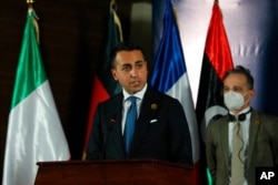 FILE - Italian Foreign Minister Luigi di Maio speaks in Tripoli, Libya, March 25, 2021.