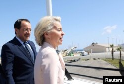 FILE—Cypriot President Nikos Christodoulides and European Commission President Ursula von der Leyen inspect Larnaca port in Cyprus, March 8, 2024.